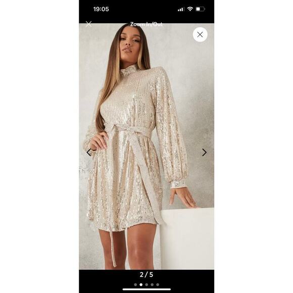 Missguided champagne sequin ballon sleeve mini-dress 6 Tall - Picture 6 of 7